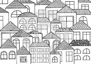 Hand drawn with ink background with a lot of houses, homes with many windows.