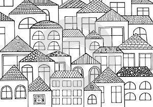 Hand drawn with ink background with a lot of houses, homes with many windows. photo