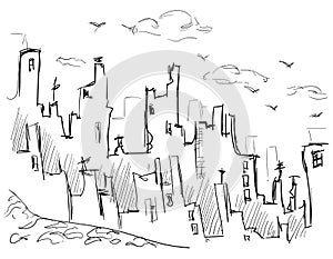 Hand drawn ink city architecture on white isolated background. Suburb skyline one line drawing sketch. Doodle cityscape old town.