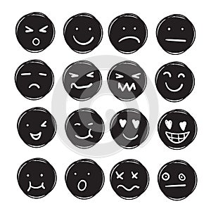 Hand drawn ink emojis faces. Doodle emoticons sketch, ink brush icons of happy sad face. cartoon art