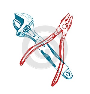 Hand drawn ink illustration with adjustable wrench and pilers. Red and blue