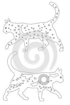Hand drawn ink pattern. Coloring book for adult. illustration cat