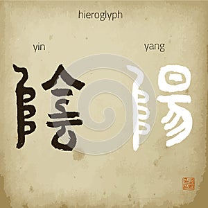Hand drawn ink pen chinese yin and yang hieroglyph translate male and female vector illustration.