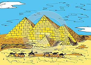 Hand drawn ink sketch. Ancient Egypt pyramids. Historical buildings in Cairo. Travelers on camel backs. Graphic black ourline illu
