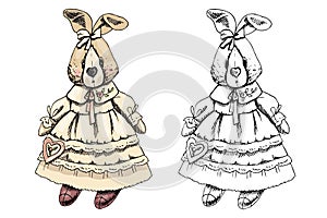 A hand-drawn ink sketch of a a plush vintage rabbit in a dres.