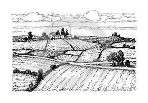 Hand drawn ink sketch rural landscape.