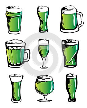 Hand drawn ink style isolated illustration logo set collection: green beer glasses different types. For Saint Patrick