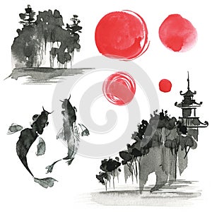 Hand drawn ink sumi-e elements: landskype, sun, temple, fich. Ja