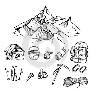 hand drawn ink vector set of climbing, mountain camping, mountain, rope, backpack, alpenstock, carabiner, skiing, Mat