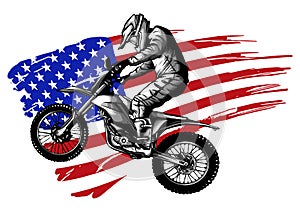 Hand drawn and inked American motocross motorcycle with american flag