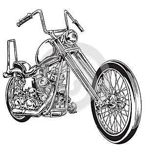 Hand drawn and inked vintage American chopper motorcycle