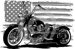 Hand drawn and inked vintage American chopper motorcycle with american flag