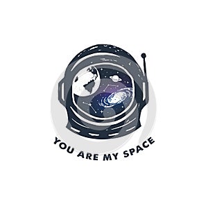 Hand drawn inspirational label with astronaut`s helmet textured vector illustration and lettering