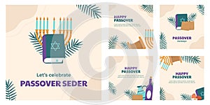 Hand drawn instagram posts collection for jewish passover celebration. Happy Passover. Passover seder