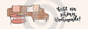 Hand-drawn interior: couch and coffee table with books. Vector illustration