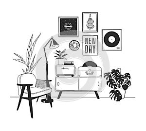 Hand drawn interior objecton white background.Vector Cozy Line Illustration. Creative art work. Doodle drawing room