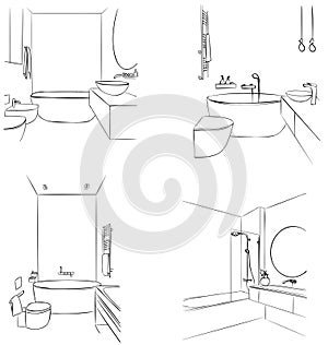 Hand drawn interior sketch. Home design bathroom, vector illustration. Set