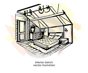 Hand drawn interior sketch. Home design. Bedroom Provence style