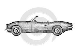 Hand drawn invented retro car. Black pencil drawing on white background. Cabriolet, gig sport car. photo