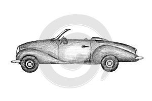 Hand drawn invented retro car. Black pencil drawing on white background. Cabriolet, gig sport car. photo