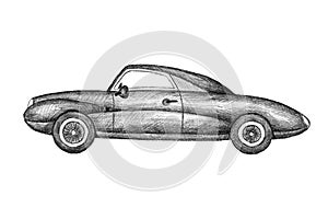 Hand drawn invented retro car. Black pencil drawing on white background. Hardtop, sedan sport car. photo