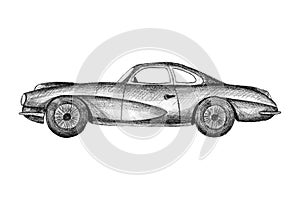 Hand drawn invented retro car. Black pencil drawing on white background. Hardtop, sedan sport car.