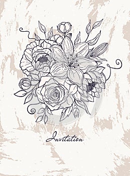 Hand drawn invitation of bouquet flowers, leaves, brush. Peony, rose, lily, lotus, cotton elements. Floral collection. Decorative