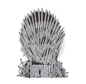 Hand drawn iron throne of Westeros made of antique swords or metal blades. Ceremonial chair built of weapon on