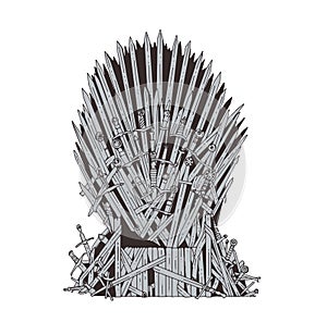 Hand drawn iron throne of Westeros made of antique swords or metal blades. Ceremonial chair built of weapon on photo