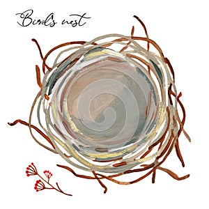 Hand-drawn isolated big bird`s nest on a white background