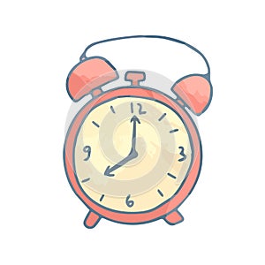 Hand drawn isolated cute retro pink and yellow alarm clock