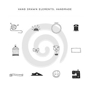 Hand drawn isolated objects. Vector set of handmade logo elements.