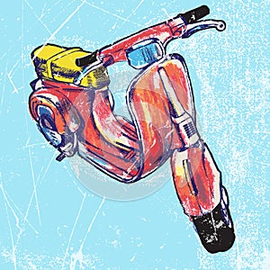 Hand drawn of isolated red vintage scooter.vector illustration