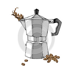 Hand drawn Italian coffee maker or moka pot isolated on white background