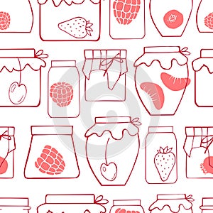 Hand-drawn jam jars and berries. Vector pattern