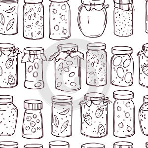 Hand-drawn jam jars. Vector   pattern