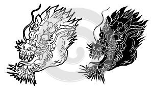 Hand drawn Japanese dragon head on white background.doodle art and Fairytale animal dragon`s head.