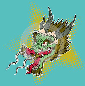 Hand drawn Japanese dragon head on white background.doodle art and Fairytale animal dragon`s head.