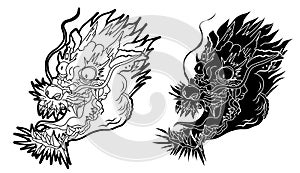 Hand drawn Japanese dragon head on white background.doodle art and Fairytale animal dragon`s head. photo