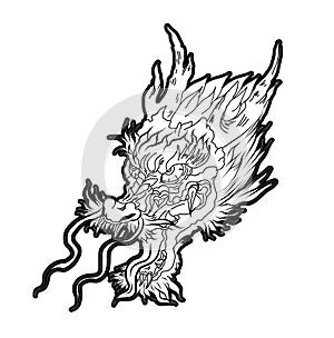 Hand drawn Japanese dragon head on white background.doodle art and Fairytale animal dragon`s head. photo