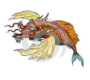 Hand drawn Japanese dragon head on white background.doodle art and Fairytale animal dragon`s head. photo