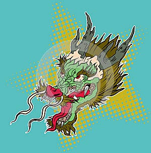 Hand drawn Japanese dragon head on white background.doodle art and Fairytale animal dragon`s head. photo