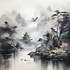 Hand Drawn Japanese Ink Wash Art