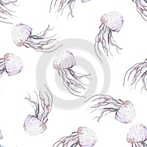 Hand drawn jellyfish. Vector illustration with watercolor. Ocean.