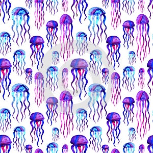 Hand drawn jellyfish. Watercolor pattern.