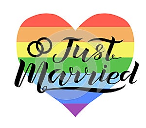 Hand drawn Just married lettering text with rainbow heart on white background with turquoise stains, illustration.