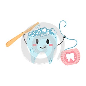 Hand drawn kawaii tooth character with toothbrush and floss in cartoon flat style. Vector illustration of teeth cleaning