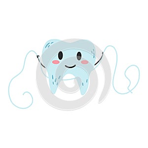 Hand drawn kawaii tooth character using dental floss in cartoon flat style. Vector illustration of teeth cleaning