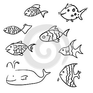 Hand drawn kid doodle fish collection vector