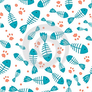 Hand drawn kid seamless pattern.Blue cute fish and cat paws footprints abstract texture on white background. Vector illustration